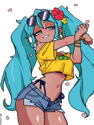  1girl brazilian_miku crop_top dark-skinned_female dark_skin flower flower_on_head glasses_on_head hatsune_miku ji_heeeeeee navel shorts solo twintails vocaloid  rating:Sensitive score:15 user:Hullyen