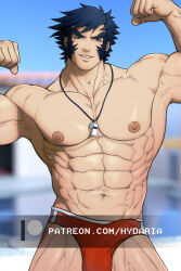  1boy abs adam&#039;s_apple bara beach blue_hair bulge cowboy_shot dark_blue_hair double_biceps_pose erection erection_under_clothes facial_hair flexing huge_eyebrows hydaria justice_gakuen large_pectorals lifeguard looking_at_viewer male_focus male_swimwear mature_male muscular muscular_male mutton_chops navel nekketsu_hayato nipples paid_reward_available pectorals red_male_swimwear short_hair solo stomach swim_briefs topless_male watermark whistle whistle_around_neck 