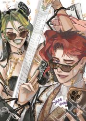  1boy 1girl ;) akira_yoru artist_name bag bare_shoulders breasts card catchphrase credit_card double_bun earrings green_hair grin hair_bun highres holding jewelry jojo&#039;s_bizarre_adventure jojo_no_kimyou_na_bouken kakyoin_noriaki kuujou_jolyne lipstick logo logo_parody makeup matching_hair/eyes medium_breasts multicolored_hair nail_art nail_polish one_eye_closed patterned_background phone receipt red_hair shopping_bag simple_background smile stardust_crusaders stone_ocean sunglasses taking_picture two-tone_hair  rating:General score:12 user:Amololis