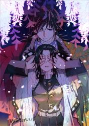  1boy 1girl arms_up artist_name belt black_hair blue_eyes breasts butterfly_hair_ornament buttons closed_mouth commentary_request covering_another&#039;s_eyes dated demon_slayer_uniform flower hair_ornament hands_on_another&#039;s_face hands_on_another&#039;s_neck haori height_difference highres japanese_clothes kimetsu_no_yaiba kochou_shinobu long_hair long_sleeves looking_at_viewer looking_through_fingers medium_breasts miku_namu one_eye_in_shadow parted_bangs purple_eyes sidelocks swept_bangs tomioka_giyuu upper_body white_belt wisteria 