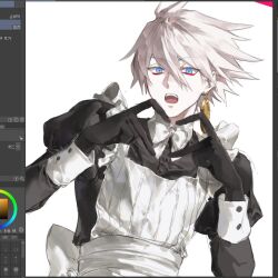  1boy alternate_costume apron art_program_in_frame black_dress blue_eyes collared_dress crossdressing crossdressing_(mtf) dress earrings enmaided eyeshadow eyeshadow_under_eye fate/grand_order fate_(series) frilled_apron frills hair_between_eyes heart heart_hands jewelry juliet_sleeves karna_(fate) long_sleeves looking_at_viewer maid maid_apron makeup male_focus male_maid pale_skin potato_goril puffy_sleeves red_eyeshadow short_hair simple_background solo upper_body white_apron white_background white_hair 