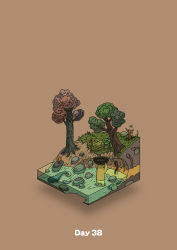 absurdres arms_up basket bird brown_background carrying_overhead commentary_request diorama fish gozz highres holding holding_basket isometric original plant_roots shore tree rating:General score:1 user:danbooru