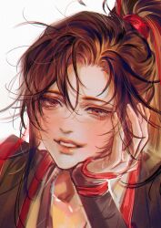  1boy arm_guards bishounen black_hair black_hanfu blush brown_eyes brown_hair chinese_clothes close-up collarbone eyelashes hair_ribbon hand_on_own_cheek hand_on_own_face hanfu head_rest highres korean_commentary long_hair looking_at_viewer male_focus messy_hair modao_zushi niken_(niken_ouo) parted_lips ponytail portrait red_ribbon ribbon sidelocks simple_background smile solo teeth upper_body wei_wuxian white_background 