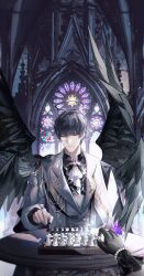  1boy absurdres aiguillette angel_wings arch architecture ascot black_bow black_gloves black_hair black_halo black_shirt black_wings board_game bow bracelet brooch bug butterfly butterfly_on_hand cape chess chess_piece chessboard church closed_mouth earrings fallen_angel feathered_wings gloves gothic_architecture hair_between_eyes halo highres holding holding_chess_piece indoors insect jacket jewelry jiuchuansi lapels long_sleeves looking_at_viewer love_and_producer male_focus melting_halo monocle multiple_wings notched_lapels pearl_bracelet playing_chess pov pov_hands purple_butterfly purple_eyes shirt short_hair sitting smile solo stained_glass straight-on stud_earrings table upper_body white_ascot white_cape white_jacket wing_brooch wings xu_mo 