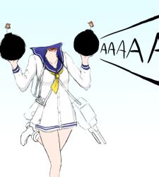  10s 1girl bad_id bad_pixiv_id beheaded_kamikaze bomb commentary_request decapitation explosive female_focus holding holding_bomb kantai_collection leg_up school_uniform serious_sam solo yukikaze_(kancolle) 