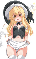  1girl apron apron_lift black_bow black_bowtie black_hat black_tube_top blonde_hair blush bow bowtie breasts clothes_lift cowboy_shot detached_collar gluteal_fold hair_between_eyes hair_bow hat highres huyusilver kirisame_marisa long_hair looking_at_viewer navel panties simple_background small_breasts solo star_(symbol) strapless thighhighs touhou tube_top underwear waist_apron white_apron white_background white_panties white_thighhighs witch_hat yellow_eyes 