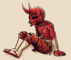  1boy animal_print bandages biceps black_claws black_eyes black_nails bright_pupils colored_skin fingernails horns kamen_rider kamen_rider_den-o_(series) male_focus momotaros no_armor oni oni_horn red_skin sandals scar scar_on_body scar_on_chest sharp_claws sharp_fingernails sharp_teeth shirtless_male sitting solo solo_focus tabi teeth tiger_print white_pupils zori zouri 