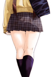 1girl bag black_skirt blue_socks brown_hair checkered_clothes checkered_skirt close-up female_focus from_behind kneehighs kneepits legs long_hair long_sleeves original plaid_clothes plaid_skirt pleated_skirt ribbed_legwear school_bag school_uniform simple_background skirt sleeves_past_wrists socks solo sweater takamura_wamu thighs twintails unmoving_pattern white_background rating:Sensitive score:9 user:danbooru