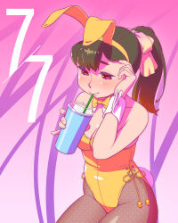  1girl animal_ear_hairband animal_ears bow bowtie breasts brown_hair cleavage commentary_request detached_collar drink drinking_straw fake_animal_ears fukusuke_hachi-gou gradient_background gradient_hair hairband highres leotard medium_breasts multicolored_hair original pantyhose pink_background playboy_bunny ponytail ponytail_day rabbit_ears rabbit_tail red_eyes side-tie_leotard solo strapless strapless_leotard tail tanabata tumbler wrist_cuffs yellow_bow yellow_bowtie yellow_leotard 