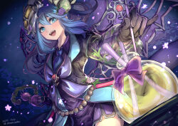  1girl aromage_rosemary artist_name belt blue_eyes blue_hair breasts commission dated dress duel_monster elbow_gloves flask gloves hair_ornament highres holding holding_stick long_hair necktie ponytail shouma_(bravespiritya) skeb_commission smile solo stick stirring_rod white_gloves wings yu-gi-oh! 