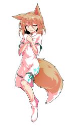  1girl alphes_(style) animal_ears bow brown_hair commentary_request crossed_legs dairi fox_ears fox_girl fox_tail full_body green_bow green_ribbon hair_between_eyes hands_on_own_chest holding holding_test_tube kudamaki_tsukasa large_variant_set neck_ribbon parody ribbon romper short_hair short_sleeves socks solo style_parody tachi-e tail test_tube touhou transparent_background variant_set watson_cross white_romper white_socks 