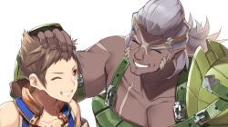  2boys black_hair brown_hair commentary_request dark-skinned_male dark_skin gloves grey_background male_focus multiple_boys muscular overalls rex_(xenoblade) short_hair simple_background smile vandham_(xenoblade_2) xenoblade_chronicles_(series) xenoblade_chronicles_2 yappen yellow_eyes 