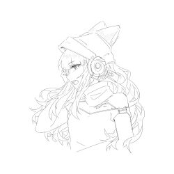  1girl animal_ears arknights bare_shoulders behind-the-head_headphones cropped_torso ears_through_headwear fengjinjia frostleaf_(arknights) greyscale halterneck hand_on_own_ear hat headphones highres lineart long_hair looking_ahead material_growth monochrome off_shoulder open_mouth oripathy_lesion_(arknights) profile simple_background solo white_background 