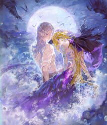  2girls absurdres bare_arms bare_shoulders bird black_bird blonde_hair full_moon grin highres huge_moon long_hair looking_at_another luori_dianxin mermaid monster_girl moon multiple_girls official_alternate_costume purple_eyes purple_skirt purple_veil reverse:1999 rock scales shirt skirt smile upper_body veil very_long_hair vila_(reverse:1999) water white_hair white_shirt windsong_(reverse:1999) 