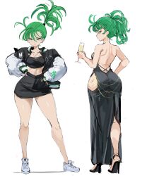  1girl alternate_costume alternate_hairstyle ass backless_dress backless_outfit black_dress black_skirt breasts commentary crop_top cropped_jacket cup dress drinking_glass english_commentary full_body green_eyes green_hair high_heels high_ponytail highres holding holding_cup looking_at_viewer miniskirt multiple_views one-punch_man one_side_up pencil_skirt ponytail rakeemspoon shoes simple_background skirt small_breasts sneakers standing tatsumaki white_background 