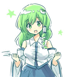 1girl bare_shoulders blue_skirt blush breasts collared_shirt detached_sleeves dot_nose double-parted_bangs facing_viewer frog_hair_ornament gohei green_eyes green_hair hair_ornament hair_tubes hatsukaze33 holding holding_gohei kochiya_sanae large_breasts long_hair long_sleeves looking_at_viewer shirt simple_background single_hair_tube single_sidelock skirt skirt_set sleeveless sleeveless_shirt snake_hair_ornament solo star_(symbol) straight-on touhou upper_body white_background wide_sleeves 