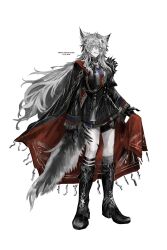  1girl absurdres animal_ears arknights black_boots black_cape black_dress black_gloves bolo_tie boots cape character_name crossed_bangs dated dress floating_hair full_body gloves grey_eyes grey_hair grey_tail grin hair_between_eyes highres knee_boots lappland_(arknights) lappland_the_decadenza_(arknights) long_hair long_sleeves looking_at_viewer material_growth nou_darake oripathy_lesion_(arknights) red_cape sharp_teeth simple_background smile solo standing tail teeth twitter_username two-sided_cape two-sided_fabric white_background wolf_ears wolf_girl wolf_tail 