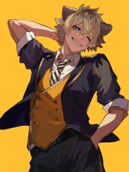  1boy absurdres animal_ears arm_behind_head arm_up belt belt_buckle black_belt black_jacket black_pants blonde_hair blue_eyes buckle collared_shirt commentary cowboy_shot diagonal-striped_clothes diagonal-striped_necktie double-parted_bangs gold_trim grin hair_between_eyes hand_in_pocket highres hyena_boy hyena_ears jacket lapels looking_at_viewer male_focus necktie one_eye_closed open_clothes open_collar open_jacket orange_background pants roku_maruru ruggie_bucchi shirt short_hair simple_background sleeve_cuffs sleeves_rolled_up smile solo striped_clothes suit_jacket symbol-only_commentary teeth twisted_wonderland vest white_shirt wing_collar yellow_vest 