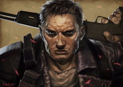  1boy absurdres beard black_eyes black_hair brown_background close-up closed_mouth commentary_request facial_hair finger_on_trigger frown gun highres holding holding_gun holding_weapon jacket katahira_(hiyama) leather leather_jacket looking_at_viewer mad_max mad_max:_fury_road male_focus manly max_rockatansky mustache portrait realistic shirt shotgun signature solo weapon white_shirt 