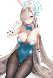  1girl animal_ears asuna_(blue_archive) asuna_(bunny)_(blue_archive) black_pantyhose blue_archive blue_bow blue_bowtie blue_eyes blue_halo blue_leotard blue_ribbon bow bowtie breasts brown_hair cleavage commentary_request detached_collar elbow_gloves fake_animal_ears gloves grin hair_over_one_eye hair_ribbon halo highres large_breasts leotard long_hair looking_at_viewer mole mole_on_breast official_alternate_costume pantyhose playboy_bunny rabbit_ears ribbon simple_background smile strapless strapless_leotard takeuchi_takasuku thighband_pantyhose white_background white_gloves 