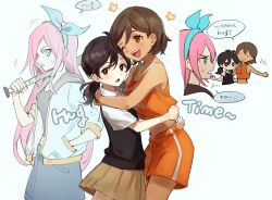  3girls :o ;d antenna_hair arms_around_neck aubrey_(faraway)_(omori) aubrey_(omori) bare_arms bare_shoulders baseball_bat black_eyes black_hair black_sweater_vest blue_eyes blue_hairband blue_skirt bow_hairband breasts bright_pupils brown_eyes brown_hair brown_skirt collared_shirt cowboy_shot dark-skinned_female dark_skin denim denim_skirt double-parted_bangs english_text flower genderswap genderswap_(mtf) grey_sailor_collar hair_between_eyes hairband hand_in_pocket hashtag-only_commentary heads_together highres holding holding_baseball_bat hug jacket kel_(faraway)_(omori) kel_(omori) long_hair looking_at_another looking_at_viewer low_twintails medium_hair midriff miniskirt multiple_girls multiple_views no_sclera omori one_eye_closed open_clothes open_jacket open_mouth orange_flower orange_shorts orange_tank_top pink_hair pleated_skirt sailor_collar shirt short_hair short_sleeves shorts simple_background skirt small_breasts smile speech_bubble standing straight_hair sudgarock sunny_(omori) sweatdrop sweater_vest talking tank_top teeth three-quarter_sleeves tongue twintails upper_teeth_only very_long_hair white_background white_jacket white_pupils white_shirt 