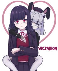  2girls banmin banmin_chan breasts brown_hair colored_skin eizoku_shizu eyeshadow eyeshadow_under_eye highres hime_cut kyouko large_breasts lipstick lolita long_hair makeup military mole multiple_girls permabanned red_eyes thick_thighs thighs victarionsc virtual_youtuber white_skin 