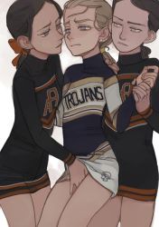 3girls bad_id bad_pixiv_id black_eyes black_hair blonde_hair blue_eyes bullying cheerleader clothes_lift clothes_writing cowboy_shot dress dress_lift earrings face-to-face feason female_focus fingering forced hand_grab hand_in_panties jewelry long_hair long_sleeves looking_at_another molestation multiple_girls original panties parted_lips ponytail restrained short_dress simple_background standing turtleneck underwear white_background whitney_kawinski yuri rating:Questionable score:558 user:danbooru