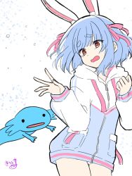  1girl animal_ear_fluff animal_ears axolotl blue_hair commentary_request hair_ribbon highres holding hololive hood hood_down hooded_jacket jacket kiritoma long_sleeves minecraft open_mouth pink_ribbon puffy_long_sleeves puffy_sleeves rabbit-shaped_pupils rabbit_ears red_eyes ribbon short_eyebrows signature simple_background sleeves_past_wrists solo symbol-shaped_pupils tears thick_eyebrows usada_pekora usada_pekora_(summer) virtual_youtuber wavy_mouth white_background white_jacket 