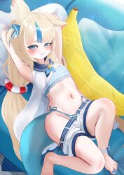  1girl animal_ear_fluff animal_ears armpits arms_behind_head barefoot bikini blonde_hair blue_bikini blue_eyes blue_hair blue_nails breasts cat_ears closed_mouth clothes_pull commentary english_commentary fins fish_girl fish_tail highres indie_virtual_youtuber long_hair low_twintails mini_person minigirl multicolored_hair nail_polish navel rancidronin sameko_saba short_shorts shorts shorts_pull side-tie_bikini_bottom small_breasts solo streaked_hair striped_bikini striped_clothes swimsuit tail toenail_polish toenails toes twintails two-tone_hair very_long_hair virtual_youtuber white_shorts 