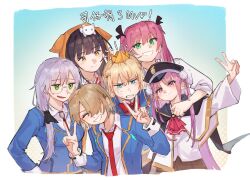  6+girls absurdres aikawa_megumi asakura_karen_(heaven_burns_red) black_hair blonde_hair blue_jacket bow braid double_bun glasses golden_kitaro green_eyes hair_bun hair_ornament hair_over_one_eye hair_over_shoulder hairclip half_up_braid happy_birthday hat heaven_burns_red highres hood hood_up hooded_jacket izumi_yuki_(heaven_burns_red) jacket kayamori_ruka kunimi_tama long_hair long_sleeves low-tied_long_hair multiple_girls pink_eyes pink_hair pov red_eyes ribbon round_eyewear shirt short_hair team_31a_(heaven_burns_red) toujou_tsukasa two_side_up white_ribbon white_shirt 