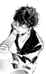 2boys akechi_gorou amamiya_ren black_hair glasses gloves greyscale hand_on_another&#039;s_arm hand_on_another&#039;s_face highres looking_at_viewer male_focus monochrome multiple_boys noren_(noren1512) open_mouth persona persona_5 school_uniform shuujin_academy_school_uniform yaoi rating:Sensitive score:12 user:danbooru