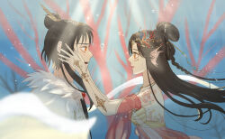  2girls air_bubble backless_outfit beads_of_love_(shining_nikki) bikini braid brown_hair bubble cape chinese_clothes chinese_hairpin circlet closed_mouth coral_hair_ornament dappled_sunlight detached_sleeves eye_contact eyelashes face-to-face fins floating_clothes floating_hair fur-trimmed_cape fur_trim hagoromo hair_bun hair_rings hands_on_another&#039;s_face head_fins highres kohanai_setsuna light_particles lipstick long_hair looking_at_another lustrous_halo_(shining_nikki) makeup mermaid monster_girl multiple_girls nikki_(series) open_mouth orange_eyes orange_scales pink_lips pointy_nose red_sleeves ruyin_(shining_nikki) sad shawl shell shell_bikini shining_nikki shirt short_sleeves single_braid single_hair_bun sunlight swimsuit teeth underwater upper_body upper_teeth_only very_long_hair white_cape white_shirt wide_sleeves yellow_bikini yuyan_(shining_nikki) 