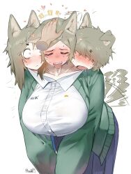  1boy 3girls animal_ears blue_skirt blush breasts brown_fur brown_hair buttons cerberus collarbone collared_shirt conjoined disembodied_hand dog_ears dog_girl fang full-face_blush green_jacket hair_over_eyes headpat heart highres jacket leaning_forward long_hair long_sleeves looking_at_another maikamiaka monster_girl multiple_girls multiple_heads open_clothes open_jacket open_mouth original petting pleated_skirt sharp_teeth shirt short_hair simple_background skirt surprised tail tail_wagging teeth tongue tongue_out white_background white_shirt wide-eyed 