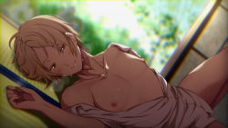  1boy blush bottomless looking_at_viewer lying male_focus natsume_takashi natsume_yuujinchou naughty_face nipples smile solo sweat ygyg2200  rating:Questionable score:21 user:harucho