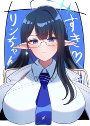  1girl absurdres black_hair blue_archive blue_eyes blue_eyeshadow blue_hair blue_necktie blush breasts coat coat_on_shoulders collared_shirt commentary_request earrings eyeshadow glasses halo heart highres huge_breasts jewelry latte_(a_nextsystem) long_hair looking_at_viewer makeup multicolored_hair necktie pointy_ears rimless_eyewear rin_(blue_archive) round_eyewear shirt solo straight_hair translation_request two-tone_hair upper_body white_coat white_shirt 