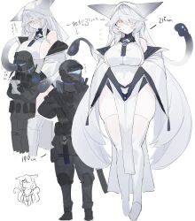  1boy 1girl absurdres boots breasts chibi chibi_inset flying_sweatdrops gloves hair_over_one_eye hassuyu_ni height height_difference helmet highres huge_breasts knee_pads long_hair original pelvic_curtain seamed_legwear side-seamed_legwear sideboob simple_background sketch soldier tactical_clothes tentacle_hair tentacles thighhighs thighs translation_request very_long_hair white_background white_hair yellow_eyes 
