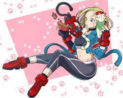  1boy abs absurdres animal animal_on_shoulder blonde_hair blue_jacket cammy_white cammy_white_(cosplay) cat cosplay crop_top cropped_jacket highres jacket kabeuchi_hs paw_print paw_print_background pendant_choker pet_food red_shoes shoes street_fighter street_fighter_6 toned toned_female vambraces 