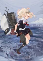  1girl black_ribbon black_serafuku black_skirt black_socks blonde_hair brown_shoes fingerless_gloves gloves hair_flaps hair_ornament hair_ribbon hairclip highres kantai_collection kneehighs loafers long_hair looking_at_viewer machinery neckerchief ocean pleated_skirt red_eyes red_neckerchief ribbon rigging scarf school_uniform serafuku ship_turret shoes skirt socks solo torpedo_launcher torpedo_tubes white_scarf yamaioni_(sasakama) yuudachi_(kancolle) yuudachi_kai_ni_(kancolle) 
