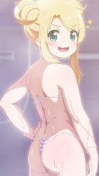  1girl :3 alternate_hairstyle ass ass_blush back back_focus bikini blonde_hair double_bun from_behind gluteal_fold green_eyes hair_bun hand_on_own_hip himesaka_noa joutarou loli looking_at_viewer looking_back micro_bikini open_mouth paid_reward_available shoulder_blades shoulder_blush sidelocks smile solo sparkle striped_bikini striped_clothes swimsuit thong watashi_ni_tenshi_ga_maiorita! wet  rating:Sensitive score:187 user:danbooru