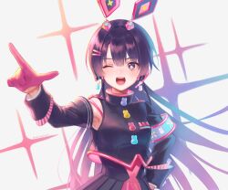  +_+ 1girl :d absurdres animal_ears armband armpit_peek black_hair black_shirt black_skirt black_sleeves blue_armband breasts commentary_request detached_sleeves earrings fake_animal_ears floating_earrings gloves hair_ornament hairpin half_gloves hand_on_own_hip hand_up headphones highres index_finger_raised jewelry long_hair long_sleeves multiple_hairpins nijisanji one_eye_closed open_mouth pink_eyes pink_gloves pink_trim pleated_skirt rabbit-shaped_buttons rabbit_earrings rabbit_ears shirt skirt sleeve_cuffs sleeveless sleeveless_shirt small_breasts smile solo sparkle_background teeth tsukino_mito tsukino_mito_(moon_rabbit) twitter_username upper_body upper_teeth_only usasuzu very_long_hair virtual_youtuber white_background 
