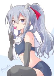  1girl alternate_hairstyle black_gloves black_thighhighs blue_eyes blue_shirt blue_skirt candy crop_top fake_horns food gloves highres horned_headwear horns i-203_(kancolle) kantai_collection lollipop midriff neckerchief nontraditional_school_swimsuit one-hour_drawing_challenge pencil_skirt ponytail sailor_collar sailor_shirt school_swimsuit shirt shizuna_kaede sitting skirt sleeveless sleeveless_shirt solo swimsuit thighhighs white_neckerchief 