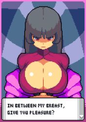  1boy 1girl animated animated_gif arms_behind_back badcolor bdsm big_breasts black_hair bodysuit bondage bound bound_wrists breast_squish breasts breasts_squeezed_together dialogue_box game_over handsfree_paizuri long_hair looking_at_viewer mature_female nintendo paizuri paizuri_under_clothes pixel pixel_art pokemon pokemon_frlg pov precum red_(pokemon) sabrina_(pokemon) sex talking video_game  rating:Explicit score:167 user:ParadoxFox