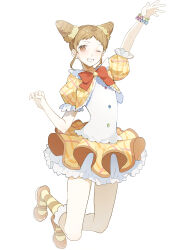  1girl absurdres aikatsu! aikatsu!_(series) arisugawa_otome arm_up bare_arms bead_bracelet beads blue_bow bow bowtie bracelet brooch brown_eyes brown_hair brown_ribbon buttons cardigan circle_skirt cone_hair_bun dot_nose double_bun eyelashes forehead frilled_sleeves frilled_socks frills full_body grin hair_bun hair_ornament hair_scrunchie happy highres idol jewelry jumping kneehighs layered_skirt leg_ribbon mary_janes miniskirt morgue_(southsakura) multicolored_buttons one_eye_closed orange_bow orange_bowtie orange_shoes plaid_cardigan plaid_clothes plaid_skirt pleated_skirt puffy_short_sleeves puffy_sleeves purple_bow ribbon scrunchie shirt shoes short_hair short_sleeves simple_background skirt smile socks solo white_background white_shirt white_skirt yellow_cardigan yellow_scrunchie yellow_skirt yellow_socks 