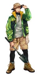  1boy adjusting_clothes adjusting_headwear alternate_costume brown_hair brown_shorts casual facial_hair fate/grand_order fate_(series) full_body goatee green_jacket hat hector_(fate) highres holding imoda jacket leggings male_focus mature_male medium_hair open_clothes open_jacket ponytail shirt shoes shorts socks solo spade white_shirt 