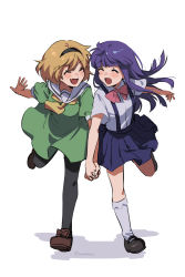 2girls black_footwear black_hairband black_skirt black_socks blonde_hair bow bowtie brown_footwear closed_eyes commentary_request dress fang full_body furude_rika green_dress hairband highres higurashi_no_naku_koro_ni holding_hands houjou_satoko interlocked_fingers kneehighs loafers long_hair mary_janes multiple_girls noriuma open_mouth pantyhose pink_neckwear pleated_skirt puffy_short_sleeves puffy_sleeves purple_hair sailor_collar shadow shirt shoes short_hair short_sleeves simple_background skin_fang skirt smile socks suspender_skirt suspenders white_background white_legwear white_sailor_collar white_shirt rating:Sensitive score:12 user:danbooru