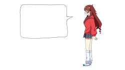  1girl anime_coloring artist_request black_bow black_skirt blank_speech_bubble bow breasts brown_hair closed_eyes curly_hair dragon_musume_ni_naritakunai! duel_masters fang hair_bow hair_ornament highres hood hoodie large_breasts long_hair loose_socks maguma_mega official_art open_mouth plaid_clothes plaid_skirt pleated_skirt profile red_hoodie shoes sidelocks simple_background skirt smile socks solo speech_bubble uwabaki very_long_hair white_background 