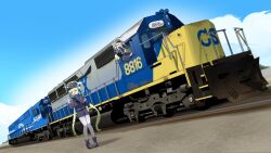  2girls absurdres blue_archive blue_hat blue_jacket blue_shorts blue_skirt cloud commentary commission conrail csx_corporation diesel_locomotive emd_sd40-2 english_commentary gloves green_hair grey_gloves halo hat highres hikari_(blue_archive) holeecrab jacket locomotive long_hair looking_at_viewer multiple_girls nozomi_(blue_archive) open_mouth pantyhose shadow shorts siblings sisters sitting skirt sky smile standing train twins v vehicle_focus very_long_hair white_pantyhose yellow_eyes  rating:General score:9 user:danbooru