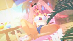  ahoge bare_shoulders beach beach_chair beach_umbrella bikini black_hair blue_bikini bracelet breasts breasts_out cleavage clothed_female_nude_female cocktail cup drinking_glass feet fern flower food food_focus food_in_mouth foot_focus heart heart-shaped_pupils heart_ahoge hibiscus hispanic hotpants ice_cream ironmouse jewelry kson latina_girl legs legs_apart licking licking_ice_cream looking_at_viewer nude open_mouth outdoors parasol pink_eyes pink_hair pointy_ears presenting puerto_rican_flag puerto_rican_flag_bikini sand see-through_clothes see-through_shirt sexually_suggestive shirt shorts spamkaju star_(symbol) suggestive_fluid sunglasses sunlight swimsuit symbol-shaped_pupils tan teasing twintails umbrella virtual_youtuber vshojo 