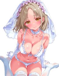  1girl absurdres alternate_costume bed_sheet blush bra breasts bridal_gauntlets bridal_lingerie bridal_veil brown_eyes brown_hair cleavage commentary_request covered_erect_nipples elbow_gloves frilled_bra frilled_panties frills gloves highres iwato_(celler) lingerie looking_at_viewer medium_breasts mole mole_under_eye navel on_bed original panties simple_background sitting smile solo thighhighs underwear veil wariza white_background white_bra white_gloves white_panties white_thighhighs 