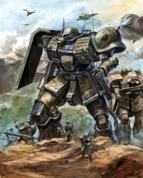  3boys black_footwear boots cloud cloudy_sky combat_helmet commentary_request day gaw gouf_custom green_jacket green_pants gun gundam gundam_0080 gundam_08th_ms_team helmet highres holding holding_gun holding_weapon horns jacket mecha mecha_focus mobile_suit mountain multiple_boys one-eyed outdoors painting_(medium) pants radio_antenna robot science_fiction shoulder_spikes single_horn sky soldier spacecraft spikes standing traditional_media walking watercolor_(medium) weapon yellow_eyes youkoumori zaku_ii_fz_kai zeon  rating:General score:11 user:danbooru